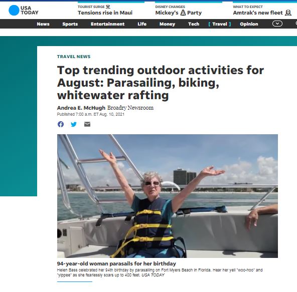 USA Today travel feature “Top Trending Outdoor Activities for August,” boating and jet skiing were highlighted as top activities.