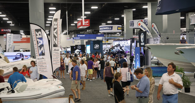 The show floor of the 2023 Miami International Boat Show.