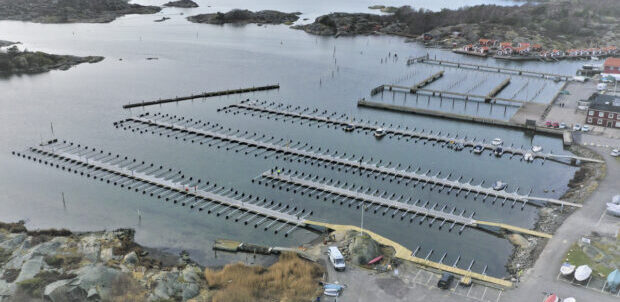 Aerial photo of a renovated Swedish marina.