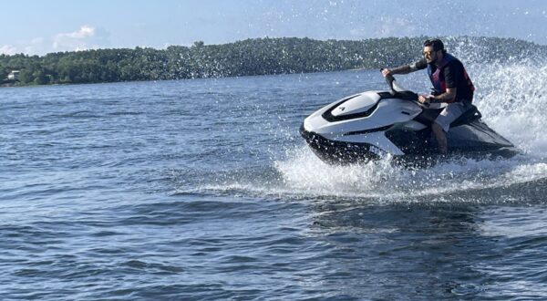 Boating Industry editor-in-chief Adam Quandt tests the all-electric Taiga Orca Carbon PWC.