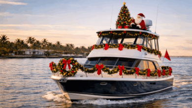 boat decorated for Christmas